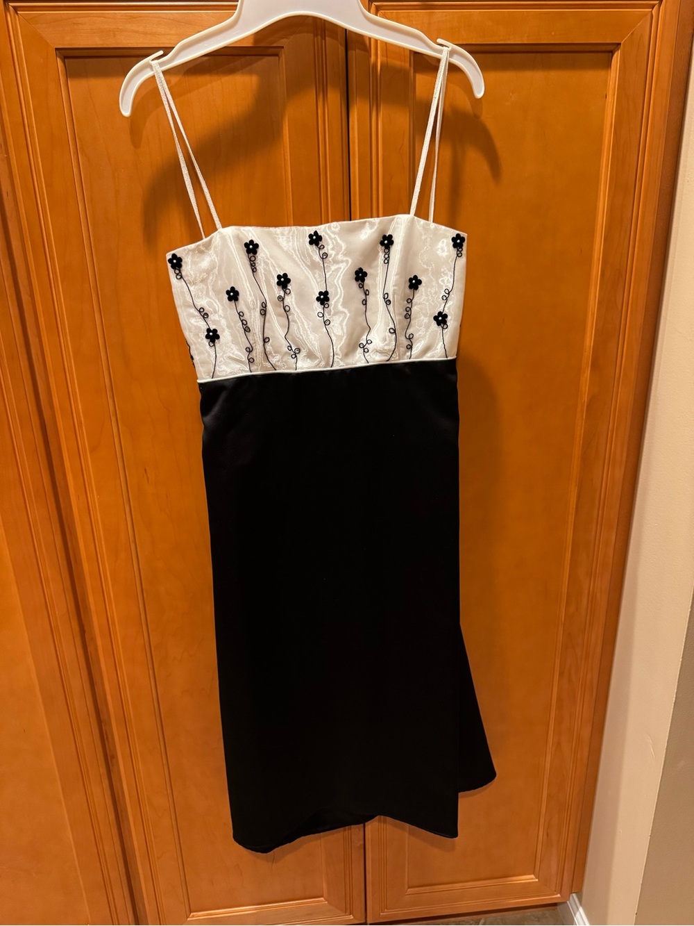 Black & White Satin Embroidered Floral Tie-Back Cocktail Dress